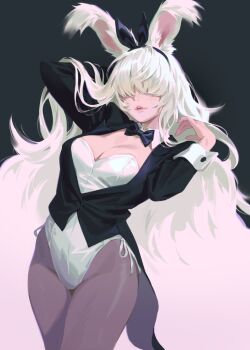 1girl animal_ear_hairband animal_ears arm_up black_background black_bow black_bowtie black_coat black_hairband black_pantyhose bow bowtie breasts cleavage coat commentary cowboy_shot detached_sleeves facing_viewer fake_animal_ears hair_over_eyes hairband hand_in_own_hair hand_up highleg highleg_leotard highres leotard long_hair medium_breasts original pantyhose parted_lips playboy_bunny rabbit_ears simple_background sleeve_cuffs solo strapless strapless_leotard symbol-only_commentary tailcoat tunapon01 very_long_hair white_leotard