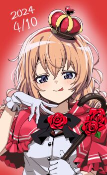 Rule 34 | 1girl, absurdres, black bow, black bowtie, bow, bowtie, breasts, cane, capelet, commentary request, crown, dated, flower, gloves, gochuumon wa usagi desu ka?, gradient background, hairband, highres, holding, holding cane, hoto cocoa, licking lips, medium breasts, mini crown, naughty face, nekonyan (inaba31415), orange hair, purple eyes, raised eyebrows, red background, red capelet, red flower, red hairband, red rose, rose, solo, tongue, tongue out, white gloves