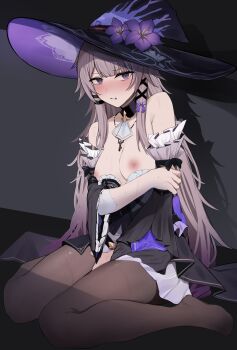 1girl absurdres bare_shoulders black_dress black_pantyhose blush breasts brown_hair commentary_request detached_sleeves dress herta_(honkai:_star_rail) highres honkai:_star_rail honkai_(series) hototogisu_(7kanu_7ra) long_hair looking_at_viewer medium_breasts nipples no_shoes pantyhose purple_eyes purple_hair sitting solo the_herta_(honkai:_star_rail) very_long_hair wariza witch