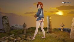 1girl 3d animated aokkade arezu_(pokemon) ass blue_hoodie clothes_lift completely_nude diamond_clan_outfit from_behind hair_between_eyes highres hood hoodie hoodie_lift long_sleeves looking_at_viewer nintendo nipples nude pantyhose pokemon pokemon_legends:_arceus red_eyes red_hair red_pantyhose short_hair signature simple_background smile solo standing tagme undressing video wide_hips