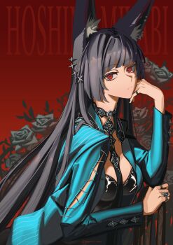 1girl animal_ear_fluff animal_ears appl3 aqua_jacket black_hair black_leotard black_necktie breasts character_name closed_mouth collar commentary_request flower fox_ears fox_girl from_side hair_ornament hand_up head_rest highres hoshimi_miyabi jacket jewelry leaf leotard long_hair looking_at_viewer medium_breasts multiple_rings necktie official_alternate_costume open_clothes red_background red_eyes ring rose silver_ring solo spikes star_(symbol) star_hair_ornament twitter_username upper_body zenless_zone_zero