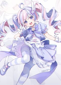 1girl ahoge blue_archive bow bowtie drill_hair gloves hair_ornament halo highres ika_(4801055) long_hair magical_girl multicolored_hair official_alternate_costume official_alternate_hairstyle open_mouth pantyhose pink_hair puffy_short_sleeves puffy_sleeves purple_bow purple_bowtie purple_eyes purple_hair purple_shoes reisa_(blue_archive) reisa_(magical)_(blue_archive) shoes short_sleeves signature simple_background smile solo star_(symbol) star_hair_ornament striped_clothes striped_pantyhose teeth twin_drills twintails two-tone_hair upper_teeth_only v-shaped_eyebrows white_background white_gloves white_wrist_cuffs wrist_cuffs zoom_layer