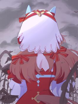 1girl absurdres animal_ears bow brown_hair cloud cloudy_sky detached_sleeves dress ear_covers ear_ribbon fly_dose from_behind grey_sky highres horse_ears horse_girl horse_tail long_hair outdoors red_dress red_ribbon ribbon sky solo still_in_love_(scarlet_vow_raiment)_(umamusume) still_in_love_(umamusume) tail umamusume veil white_veil