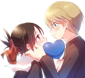 1boy 1girl absurdres balloon black_dress black_hair blonde_hair blue_eyes blush commentary dress eye_contact folded_ponytail from_side hair_ribbon hand_on_another&#039;s_cheek hand_on_another&#039;s_face hands_on_another&#039;s_chest heart_balloon hetero highres kaguya-sama_wa_kokurasetai_~tensai-tachi_no_renai_zunousen~ long_sleeves looking_at_another nyaa_(nnekoron) red_eyes red_ribbon ribbon school_uniform shinomiya_kaguya shirogane_miyuki shuuchiin_academy_school_uniform simple_background upper_body white_background winter_uniform
