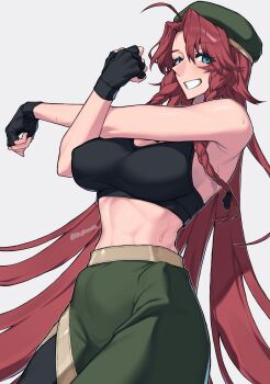 1girl absurdres armpits black_gloves black_sports_bra blue_eyes blush braid breasts commentary_request fingerless_gloves gloves green_skirt grin hat highres himadera hong_meiling large_breasts long_hair looking_at_viewer midriff parted_bangs parted_lips red_hair skirt smile solo sports_bra stretching sweat sweatdrop teeth touhou twin_braids twitter_username very_long_hair