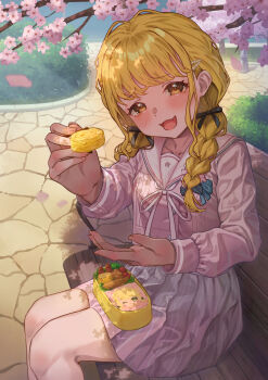Rule 34 | 1girl, absurdres, bento, black ribbon, blonde hair, blush, braid, cherry blossoms, chopsticks, collarbone, commentary request, falling petals, fang, feet out of frame, food, fujita kotone, gakuen idolmaster, hair ribbon, highres, holding, holding chopsticks, idolmaster, incoming food, long hair, long sleeves, omelet, on bench, outdoors, park, petals, pink serafuku, pleated skirt, pov, ribbon, school uniform, serafuku, sitting, skin fang, skirt, smile, solo, tamagoyaki, twin braids, wari sando, yellow eyes