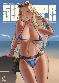 alpha_90nist bandaid bandaid_on_face bandaid_on_nose beach bikini blonde_hair blue_bikini blue_eyes blue_sky blush bracelet breasts centi_(nikke) centi_(ocean_repair)_(nikke) collarbone commentary commentary_request cowboy_shot earrings english_commentary english_text eyewear_on_head goddess_of_victory:_nikke hand_up heart heart-shaped_eyewear highres hoop_earrings jewelry large_breasts long_hair looking_at_viewer mixed-language_commentary navel ocean official_alternate_costume open_mouth shore signature skindentation sky smile sunglasses sweat swimsuit tan tanline teeth tool_belt tools upper_teeth_only