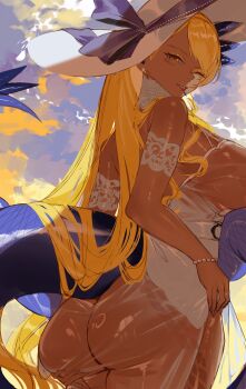 1girl absurdres ass back bare_shoulders blonde_hair blue_sky breasts chin_piercing commentary_request dark-skinned_female dark_skin dragon_girl dragon_horns dragon_tail dress face_piercing facial_mark fate/grand_order fate_(series) grin hat highres hil199 horns large_breasts long_hair looking_at_viewer looking_back one_eye_closed piercing revision see-through_clothes see-through_dress sky smile solo sun_hat swept_bangs tail thighs vritra_(among_the_nymphaea)_(fate) vritra_(fate) white_dress white_hat yellow_eyes