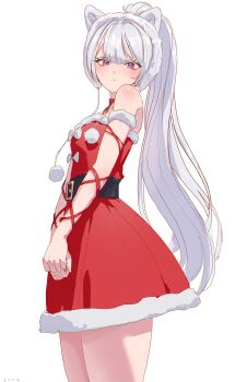 1girl animal_ears bare_shoulders belt belt_buckle buckle christmas cowboy_shot criss-cross_straps dress fur_hat hair_ornament hat high_ponytail long_hair looking_at_viewer ohaaang pink_eyes ponytail santa_costume santa_dress simple_background sirian_rain thighs virtual_youtuber waktaverse white_background white_hair