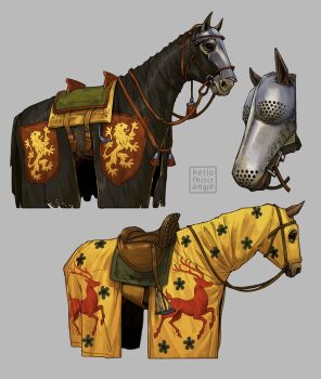 animal_focus artist_logo barding black_sclera coat_of_arms colored_sclera hashtag-only_commentary heythisisangle highres horse kingdom_come:_deliverance_ii logo medieval no_humans saddle stirrups_(riding) white_horse