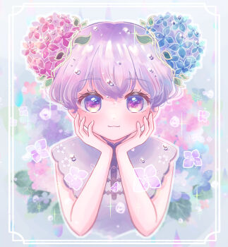 Rule 34 | 1girl, :3, blue flower, blurry, blurry background, blush, border, closed mouth, commentary, cropped torso, dot nose, eyelashes, floral background, floral print shirt, flower, fuka (f uka 1021), grey background, hair flower, hair ornament, hair vines, hands on own cheeks, hands on own face, hands up, highres, hydrangea, inset border, looking at viewer, original, outline, pink flower, purple eyes, purple hair, purple shirt, shirt, short hair, sleeveless, sleeveless shirt, smile, solo, sparkle, straight-on, upper body, water drop, white border, white outline