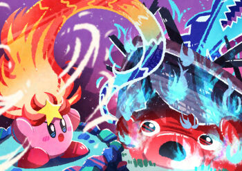 Rule 34 | absurdres, blue fire, blush stickers, colored skin, copy ability, dragon, fire, fire kirby, giant flotzo, highres, kirby, kirby's return to dream land, kirby (series), monster flame kirby, nintendo, no humans, open mouth, pink skin, shipwreck, star (symbol), tentacles, watawata22