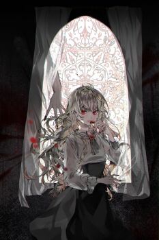 Rule 34 | 1girl, 1other, absurdres, ascot, black nails, black skirt, blonde hair, blood, blood from mouth, blood on face, blood on hands, blouse, brooch, closed mouth, collared shirt, commentary, cowboy shot, curtains, eyelashes, falling petals, fingernails, frills, gem, hand up, highres, indoors, jewelry, kkuekkue (chifer1958), long hair, long sleeves, looking at viewer, nail polish, original, petals, puffy sleeves, red eyes, red gemstone, red petals, sharp fingernails, shirt, skirt, solo focus, symbol-only commentary, vampire, very long hair, wavy hair, white ascot, white shirt, window, wings