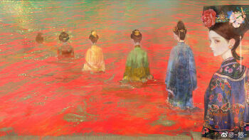 6+girls absurdres ambiguous_red_liquid artist_name brown_hair chinese_clothes coat dalachi_(headdress) dress earrings embroidery facing_away flower from_behind ghost hair_bun hair_flower hair_ornament hair_stick highres jewelry looking_at_viewer looking_back multiple_girls original partially_submerged peacock_feathers pink_flower queue red_flower river robe sbgpand shawl sideways_glance single_hair_bun suicide updo walking watermark weibo_watermark