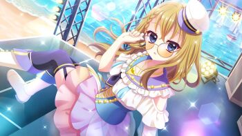 1girl adjusting_eyewear beach black_garter_straps black_necktie black_thighhighs blonde_hair blue_corset blue_eyes blue_sky boat boots braid corset day dot_nose dutch_angle fang film_grain frilled_shirt frills furumi_chie game_cg garter_straps hair_between_eyes hat horizon idol idol_clothes izumi_tsubasu layered_skirt long_hair mini_hat necktie non-circular_lens_flare non-web_source ocean official_art open_mouth orange-tinted_eyewear outdoors pink_skirt purple_skirt re:stage! round_eyewear sailboat sailor_hat see-through_skirt_layer shirt short_necktie single_braid sitting skin_fang skirt sky solo sparkle speaker stage stage_lights thighhighs tilted_headwear tinted_eyewear watercraft white_boots white_hat white_shirt zettai_ryouiki