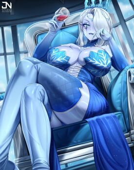 Rule 34 | 1girl, alcohol, blue dress, blue eyes, blue eyeshadow, blue lips, blue skin, breasts, cleavage, colored skin, corset, crossed legs, cup, dress, drinking glass, eyeshadow, facial mark, highres, huge breasts, indie virtual youtuber, jnstudio, large breasts, long hair, looking at viewer, makeup, pointy ears, red wine, scar, scar on breasts, sitting, solo, thick thighs, thighhighs, thighs, vexoria the sun eater, vexoria the sun eater (frozen empress), virtual youtuber, white hair, wine, wine glass