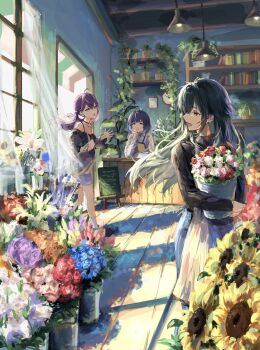 absurdres ahoge apron black_choker butterfly_hair_ornament chidawadachi choker flower flower_shop gakuen_idolmaster green_eyes green_hair hair_ornament hataya_misuzu highres idolmaster kaya_rinha long_hair miniskirt mole mole_under_mouth off-shoulder_shirt off_shoulder pants purple_hair school_uniform shirt shop short_hair skirt smile sweater syngup!_(idolmaster) tsukimura_temari twintails