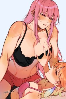 Rule 34 | 2girls, absurdres, amlichan, artist name, bare shoulders, black bra, blush, bra, breasts, bulge, commentary, earrings, english commentary, eye contact, feather earrings, feathers, futa with female, futanari, girl on top, grabbing another's ass, grin, groping, highres, hololive, hololive english, jewelry, large breasts, long hair, looking at another, mori calliope, multiple girls, nail polish, naughty face, navel, no shirt, orange hair, pink bra, pink eyes, pink hair, pink nails, red eyes, red shorts, shorts, smile, straddling, takanashi kiara, underwear, virtual youtuber, white background