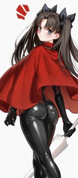 1girl absurdres ass blue_eyes brown_hair cosplay fate/stay_night fate_(series) female_focus highres holding holding_weapon hollow_knight hollow_knight:_silksong hornet_(hollow_knight) hornet_(hollow_knight)_(cosplay) kamisato_sora light_blush long_hair red_robe robe simple_background skin_tight solo solo_focus standing tohsaka_rin twintails weapon white_background