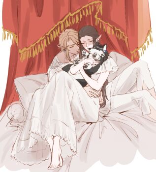 1boy 1girl animal animal_earrings arms_around_waist barefoot bed_sheet blonde_hair brown_hair closed_eyes couple curtains dog dress earrings feet_out_of_frame full_body hetero holding holding_animal holding_dog jewelry kurokawa_karasu link long_dress long_hair nintendo pants parted_bangs pointy_ears princess_zelda shirt short_hair sidelocks sitting sketch the_legend_of_zelda the_legend_of_zelda:_twilight_princess white_dress white_pants white_shirt wolf_link