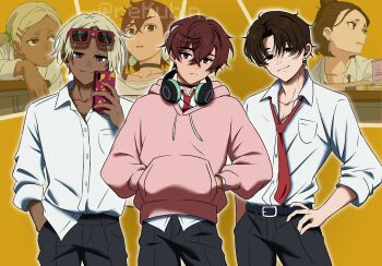 3boys ayase_momo belt belt_buckle black_belt black_choker black_pants blonde_hair bow bowtie brown_eyes brown_hair buckle choker collared_shirt commentary cross cross_earrings dandadan dark_skin drawstring dual_persona earrings english_commentary bad_tag genderswap genderswap_(ftm) hand_in_pocket hand_on_own_hip headphones headphones_around_neck highres holding holding_phone hood hoodie jewelry kami_high_school_uniform kubikun looking_at_viewer loose_bowtie male_focus miko_(dandadan) muko_(dandadan) multiple_boys necktie pants phone pink_hoodie red_necktie school_uniform shirt shirt_under_hoodie smirk white_shirt yellow_background