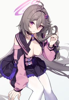 Rule 34 | 1girl, absurdres, ahoge, aki663, blush, braid, breasts, brown hair, halo, highres, long hair, long sleeves, looking at viewer, medium breasts, original, pantyhose, pink eyes, solo, very long hair, white background, white pantyhose