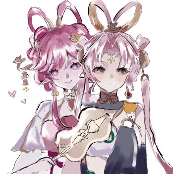 Rule 34 | 2girls, absurdres, breasts, chinese clothes, chinese hairstyle, color connection, crop top, diamond-shaped pupils, diamond (shape), dress, earrings, elf, elysia (hi love elf) (honkai impact), elysia (honkai impact), feixianji (hairstyle), flower, forehead jewel, hair color connection, hair flower, hair ornament, hair rings, hairstyle connection, hand fan, highres, holding, holding fan, honkai (series), honkai impact 3rd, jewelry, large breasts, long hair, mo gangzi, multiple girls, pink dress, pink hair, pointy ears, purple eyes, simple background, smile, symbol-shaped pupils, very long hair, white background, xinyue tongxing, zhejing (xinyue tongxing)