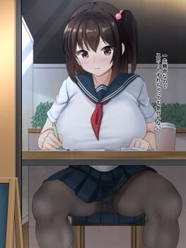 1girl black_hair black_pantyhose black_skirt blue_sailor_collar blush breasts chair closed_mouth commentary_request cup disposable_cup hair_between_eyes hair_bobbles hair_ornament highres holding holding_pencil indoors large_breasts looking_at_viewer medium_hair ntraru original panties panties_under_pantyhose pantyhose pencil pleated_skirt sailor_collar school_uniform short_sleeves sidelocks sitting skirt solo table translation_request underwear white_panties