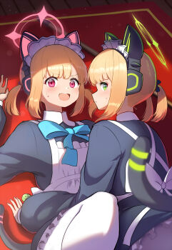 2girls :d animal_ear_headphones animal_ears apron black_dress blonde_hair blue_archive blue_bow blue_bowtie blunt_bangs blurry blush bow bowtie cat_ear_headphones cat_ears cat_tail commentary_request cowboy_shot depth_of_field dress dutch_angle fake_animal_ears fake_tail frilled_dress frills green_eyes green_halo halo hamachikichiki headphones highres indoors long_sleeves looking_at_viewer looking_back lying maid maid_headdress medium_hair midori_(blue_archive) midori_(maid)_(blue_archive) momoi_(blue_archive) momoi_(maid)_(blue_archive) multiple_girls official_alternate_costume official_alternate_hairstyle on_back on_floor open_mouth pantyhose parted_lips pink_halo red_eyes siblings sisters smile sweatdrop tail tareme teeth twins upper_teeth_only v-shaped_eyebrows white_apron white_pantyhose