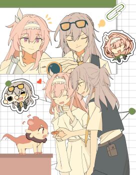 2girls beibc_eee black_coat black_skirt camera chimera closed_mouth coat commentary cyrene_(honkai:_star_rail) cyrene_(keeping_promise)_(honkai:_star_rail) cyrene_(ripples_of_past_reverie)_(honkai:_star_rail) dress eyewear_on_head grey_hair hairband highres holding holding_camera honkai:_star_rail honkai_(series) laughing long_hair multicolored_hair multiple_girls official_alternate_costume pink_hair purple_eyes shirt skirt stelle_(chimerric_park)_(honkai:_star_rail) stelle_(honkai:_star_rail) trailblazer_(honkai:_star_rail) two-tone_hair very_long_hair white_dress white_hair white_hairband white_shirt