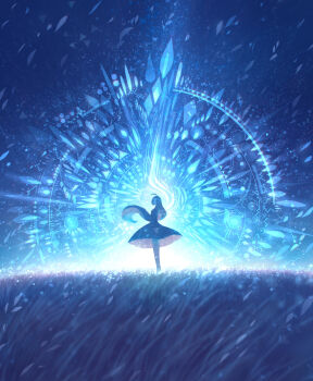 1girl ahoge blue_theme commentary_request dress grass highres huge_ahoge long_hair long_sleeves on_grass original patterned sakimori_(hououbds) scenery solo standing star_(symbol) very_long_hair wheat