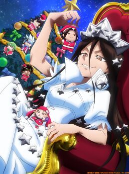 2girls 6+boys absurdres asakura_hao asakura_yoh blonde_hair blush_stickers brothers brown_hair chibi chocolove_mcdonell christmas_tree copyright_name dress genderswap genderswap_(mtf) green_hair grin highres kyouyama_anna long_hair looking_at_another lyserg_diethel multiple_boys multiple_girls night official_art princess shaman_king siblings size_difference sky smile spiked_hair stuffed_toy tao_ren trap usui_horokeu very_long_hair