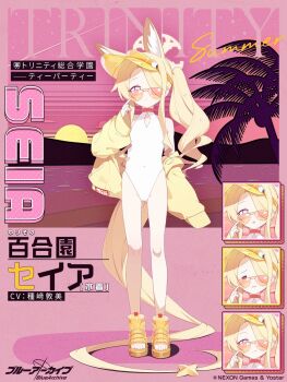 1girl :3 =_= above-cleavage_cutout adjusting_eyewear animal_ear_fluff animal_ears bare_legs bare_shoulders beach blonde_hair blue_archive closed_mouth clothing_cutout commentary_request covered_navel cross_halo diamond_cutout extra_ears feet fox_ears fox_girl fox_tail hair_over_one_eye halo hand_up highleg highleg_one-piece_swimsuit highres jacket kokosando loli long_hair long_sleeves looking_at_viewer multiple_expressions ocean off_shoulder official_alternate_costume official_alternate_hairstyle official_art one-piece_swimsuit one_eye_covered open_mouth orange-tinted_eyewear palm_tree pink_background sandals seia_(blue_archive) seia_(swimsuit)_(blue_archive) side_ponytail smile solo sunset sweat sweatdrop swimsuit tail tail_ornament thighs tinted_eyewear toenails toes tree triangle_mouth very_long_hair very_long_tail visor_cap white_one-piece_swimsuit yellow_halo yellow_jacket yellow_sandals yellow_visor