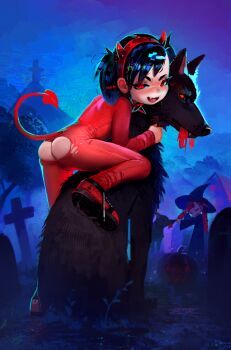 2girls ass biting_hair black_collar black_hair bodysuit collar commentary cross_hair_ornament dagger_(fiz-rot) demon_costume demon_tail dog fake_horns fake_tail fang fiz-rot full_body graveyard hair_ornament hairband halloween_costume highres horn_hairband horns loli long_sleeves looking_at_viewer making-of_available medium_hair multiple_girls open_mouth original outdoors red_bodysuit red_eyes red_footwear red_hairband red_horns red_tail shoes sneakers solo_focus spaghetti_(fiz-rot) spiked_collar spikes swept_bangs tail tombstone torn_bodysuit torn_clothes twintails witch