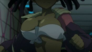 00s 1girl animated animated_gif anime_screenshot ayukawa_miyuki basquash! bouncing_breasts breasts cleavage dark-skinned_female dark_skin dreadlocks female_focus impossible_clothes large_breasts lowres no_bra running shiny_skin solo strapless tank_top tube_top very_dark_skin