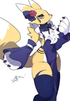 1girl animal_ears animal_nose black_sclera blue_eyes blush body_fur breasts claws colored_sclera d-ark digimon digimon_(creature) digimon_tamers facial_mark fox_ears fox_girl fox_tail furry furry_female highres kokodari looking_at_viewer neck_fur purple_sleeves renamon simple_background snout solo tail two-tone_fur white_fur yellow_fur