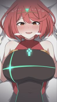 1girl blush breasts chest_jewel competition_swimsuit core_crystal_(xenoblade) excited heavy_breathing hello_pty highres large_breasts lying on_back on_bed one-piece_swimsuit pyra_(pro_swimmer)_(xenoblade) pyra_(xenoblade) red_eyes red_hair red_one-piece_swimsuit smile solo striped_clothes striped_one-piece_swimsuit swept_bangs swimsuit tiara two-tone_swimsuit vertical-striped_clothes vertical-striped_one-piece_swimsuit