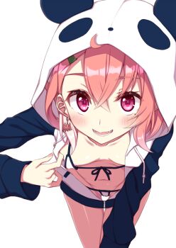 1girl ahoge animal_ears areola_slip bikini blush breasts cleavage collarbone earrings fang female_focus fingernails fuji_yoshida green_nails hair_between_eyes hair_ornament hairclip highres hood hood_up hooded_jacket jacket jewelry long_sleeves looking_at_viewer micro_bikini mole mole_under_eye nail_polish navel nijisanji open_clothes open_jacket panda_ears pink_eyes pink_hair pulling sasaki_saku sasaki_saku_(1st_costume) simple_background small_breasts smile solo stomach striped_bikini striped_clothes swimsuit teeth thighhighs thighs tongue virtual_youtuber