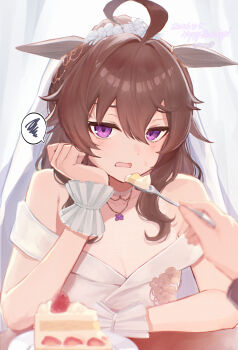 1boy 1girl ahoge blurry breasts brown_hair cake cake_slice cleavage commentary_request depth_of_field dress feeding food hair_between_eyes hair_intakes head_rest highres huge_ahoge nakayama_festa_(umamusume) off-shoulder_dress off_shoulder open_mouth pov pov_hands purple_eyes small_breasts spoken_squiggle squiggle strawberry_cake umamusume uxxxjf white_dress wrist_wrap