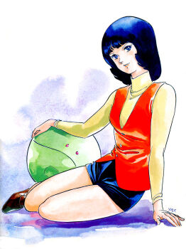 1980s_(style) 1girl blue_eyes blue_hair eyelashes fa_yuiry gundam haro highres looking_at_viewer non-humanoid_robot oldschool painting_(medium) pet promotional_art retro_artstyle robot scan science_fiction shorts signature sitting smile sweater traditional_media turtleneck turtleneck_sweater vest watercolor_(medium) yasuhiko_yoshikazu yokozuwari zeta_gundam