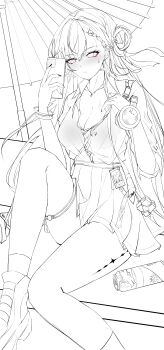 1girl absurdres blush braid braided_bangs breasts can cellphone cleavage commentary drink_can earrings hair_ornament hand_up high-waist_skirt highres holding holding_phone hot id_card jewelry knee_up large_breasts lastfor lineart long_hair lynae_(wuthering_waves) necklace oil-paper_umbrella parted_lips phone revision shirt_tucked_in sitting skirt skull_hair_ornament smartphone solo star_(symbol) star_earrings sweat sweatdrop tacet_mark_(wuthering_waves) thigh_strap thighs umbrella wuthering_waves