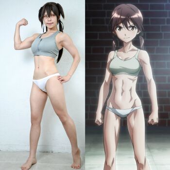 1girl abs black_ribbon bra breasts brown_eyes brown_hair clenched_hand clenched_hands closed_mouth collarbone cosplay female_focus gertrud_barkhorn gertrud_barkhorn_(cosplay) hair_between_eyes hair_ornament hair_ribbon indoors midriff momokurage0930 navel ribbon small_breasts smile smirk solo standing strike_witches toned twintails underwear white_bra world_witches_series