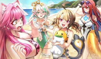 Rule 34 | 4girls, :d, absurdres, adjusting eyewear, ahoge, alternate costume, animal ears, animal print, beach, bikini, bikini bottom under shorts, bikini under clothes, black gloves, blue fire, blue hair, blue sky, braid, breasts, brown hair, casual one-piece swimsuit, cecilia immergreen, cecilia immergreen (holonatsu paradise), center-flap bangs, closed mouth, colored inner hair, commentary, cucumber, day, denim, denim shorts, doll, doll joints, double-parted bangs, elizabeth rose bloodflame, english commentary, extra ears, eyewear on head, fang, fire, fire on chest, frilled one-piece swimsuit, frills, gigi murin, gigi murin (holonatsu paradise), gloves, green eyes, green hair, green one-piece swimsuit, grem (gigi murin), grey hair, hair between eyes, hair ornament, hairclip, highres, holojustice, hololive, hololive english, huge ahoge, joints, large breasts, leopard print, leopard print bikini, long hair, multicolored hair, multicolored swimsuit, multiple girls, official alternate costume, one-piece swimsuit, open mouth, orange bikini, panther ears, panther tail, parallel hairclips, pink bikini, pink eyes, pink hair, print bikini, raora panthera, raora panthera (holonatsu paradise), red eyes, red hair, sharp teeth, short hair, short shorts, short twintails, shorts, side braid, sidelocks, single braid, single glove, single sidelock, sky, smile, streaked hair, swimsuit, tail, teeth, twintails, two-tone hair, very long hair, virtual youtuber, wavy mouth, white hair, white one-piece swimsuit, winding key, wszkii, yellow eyes