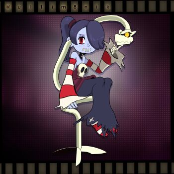 1boy 1girl 2025 3d absurdres arm_up artist_name bare_shoulders black_nails blender_(medium) blue_skin breasts cleavage colored_skin commentary detached_collar detached_sleeves dress english_commentary film_strip full_body glowing glowing_eyes gradient_background hand_up highres large_breasts leviathan_(skullgirls) long_sleeves looking_at_viewer medium_breasts midair object_through_head purple_background purple_eyes purple_skirt red_dress red_eyes serious side_ponytail simple_background sitting skeletal_hand skirt skullgirls spread_fingers squigly_(skullgirls) stitched_mouth stitches striped_clothes striped_sleeves striped_thighhighs thighhighs ultim8nik v-shaped_eyebrows variant_set zombie zombie_girl