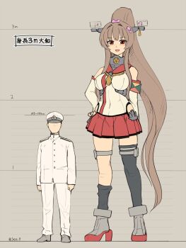 admiral_(kancolle) anchor blush breasts brown_hair chart clothing_cutout detached_sleeves flower giant giantess hair_flower hair_ornament hand_on_own_hip hands_on_own_hips hat headgear height_chart height_difference height_mark high_heels highres hip_vent kantai_collection large_breasts long_hair military military_hat military_uniform mugshot naval_uniform ponytail seo_tatsuya single_thighhigh size_difference tall_female thighhighs translation_request yamato_(kancolle) z_flag