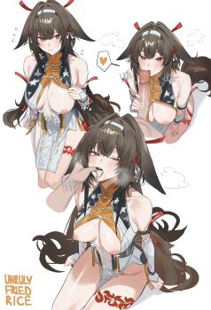 1boy 1girl absurdres animal_ears artist_name breasts brown_hair china_dress chinese_clothes clothing_aside commentary cum cum_in_mouth cum_on_tongue detached_sleeves dress droopy_ears english_commentary fellatio fox_ears fox_girl hairband heart hetero highres horse_girl horse_tail large_breasts leg_tattoo licking licking_penis long_hair multiple_views nipples oral pelvic_curtain penis red_eyes spoken_heart tail tattoo unrulyfriedrice white_background white_hairband ye_shunguang zenless_zone_zero