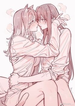 2girls animal_ears blush breath cat_ears cat_girl cat_tail collared_shirt commentary hand_in_another&#039;s_hair hand_on_another&#039;s_waist highres ikarin kemonomimi_mode long_hair monochrome multiple_girls parted_lips path_to_nowhere rahu_(path_to_nowhere) saliva saliva_trail scar scar_across_eye scar_on_arm scar_on_face shalom_(path_to_nowhere) shirt sitting sleeves_past_wrists sleeves_rolled_up sweat symbol-only_commentary tail watermark weibo_watermark yuri