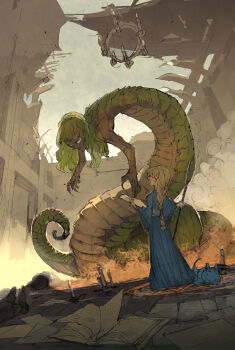 2girls blonde_hair blue_robe book braid candle demizu_posuka elf fantasy green_hair highres lamia mage_staff magic magic_circle monster_girl multiple_girls open_book open_mouth original pointy_ears robe ruins sketch staff standing summoning