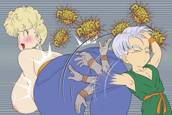 1boy 1girl age_difference ass bent_over blonde_hair blush breasts danny_sulca denim dragon_ball dragonball_z grandmother_and_grandson hand_in_own_hair highres huge_ass jeans large_breasts lipstick makeup martial_arts_belt naoya_hitting_choso_without_looking_(meme) nipples onee-shota panchy pants purple_hair shirt shota strapless trunks_(dragon_ball)
