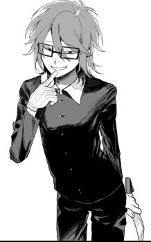 1boy black-framed_eyewear black_eyes black_pants black_shirt finger_to_own_chin glasses gloves hair_between_eyes highres holding holding_behind_back holding_knife holding_weapon_behind_back knife long_sleeves male_focus medium_hair monochrome pants randal&#039;s_friends randal_ivory rectangular_eyewear rpdlcnd_17 shirt smile solo teeth white_background white_gloves